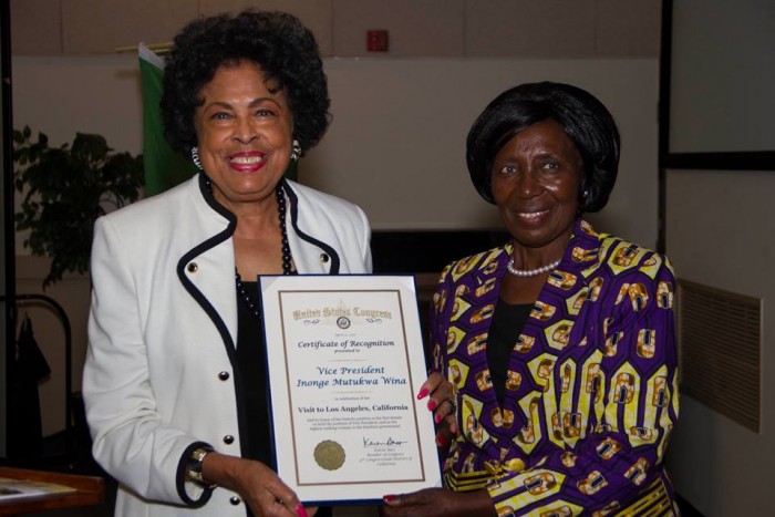 Congresswoman (ret.) Diane Watson (left) presents a commendation to Vice President Wina on behalf of Congresswoman Karen Bass. (photo by Jules Green)