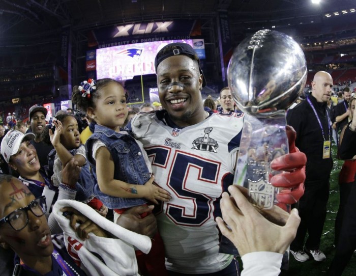 Akeem Ayers celebrates after New England beat Seattle in the Super Bowl on Feb. 1, 2015. (AP Photo)