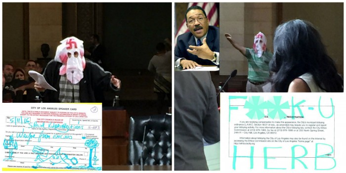 Wayne Spindler (in hood) submitted a City Council speaker's card (left inset) on May 11 covered with racist language and images directed at Council President Herb Wesson. Spindler often wears a KKK mask and delivers threatening comments and notes (right bottom insert) during City Council meetings.