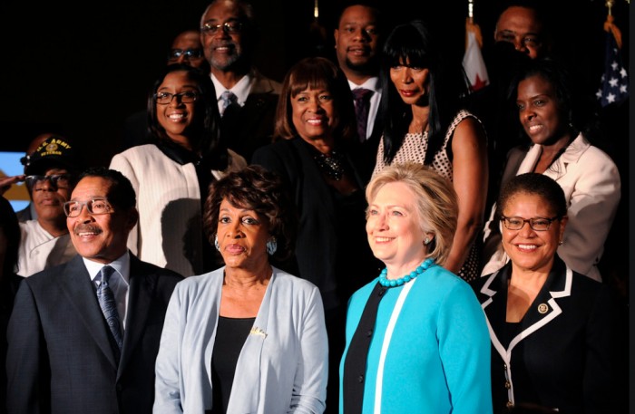 L.A. Council President Herb Wesson, U.S. Congresswoman Maxine Waters and U.S. Congresswoman Karen Bass sponsored the event to introduce Hillary Rodham Clinton (2nd from right) to L.A.’s African American leaders. (Valerie Goodloe Photo)