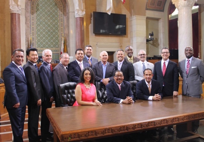 The Los Angeles City Council includes (from le , seated) Assistant President Pro Tempore Nury Mar nez, President Herb Wesson, President Pro Tempore Mitch Englander, (standing) Coun- cilmembers Gilbert Cedillo, David Ryu, Paul Krekorian, Paul Koretz, Jose Huizar, Felipe Fuentes, Mike Bonin, Joe Buscaino, Curren Price, Mitch O’Farrell, Bob Blumen eld and Marqueece Harris-Dawson. The City Council meets Tuesdays, Wednesdays and Fridays at L.A. City Hall. The  rst Friday of each month, they meet at Van Nuys City Hall in San Fernando Valley