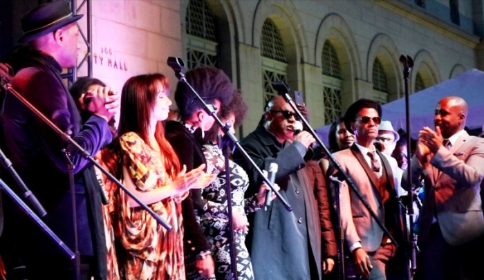 Aloe Blacc, Stevie Wonder, Eric Benet, Marqueece Dawson and more on stage to pay tribute to Prince on the steps of City Hall Photo Credit: Brittany K. Jackson 