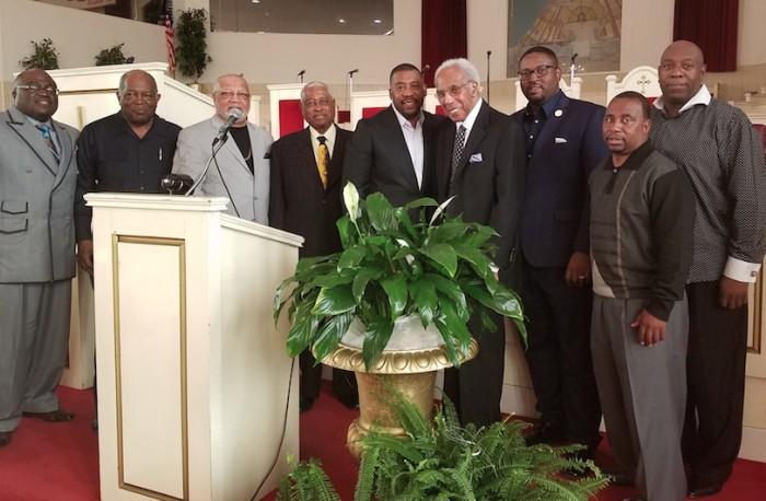 From left are Pastor J. Wendell Davis of New Jericho Christian Church, Pastor William Turner of New Revelation Baptist Church, Rev. Dr. L.A. Kessee of Bethany Baptist Church of West L.A., Rev. Dr. Joe L. Gates, Sr., BMC President Xavier L. Thompson of Southern St. Paul Church, Rev. Dr. Solomon L. Drake of Greater Ebenezer M.B. Church, Pastor K.W. Tulloss of Historic Weller Street Baptist Church, Pastor Welton Pleasant of Christ Second Baptist Church, and Pastor Stanley Richards of Beacon Light Baptist Church.