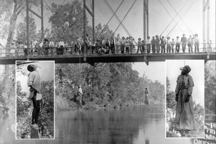 The photograph included here was taken May 25, 1911 in Okemah, Oklahoma. Laura Nelson, a Black woman age 35, was lynched along with her sixteen year-old son after having been taken by a riotous mob from their jail cell.  The pair are shown hanging dead from a bridge This photograph was used to create postcards to distribute throughout the country.