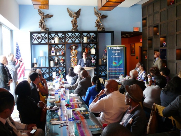 Mayor Eric Garcetti visits with the Crenshaw Chamber of Commerce sharing news about and current and future plans for the South Los Angeles area. Photo by Brian W. Carter