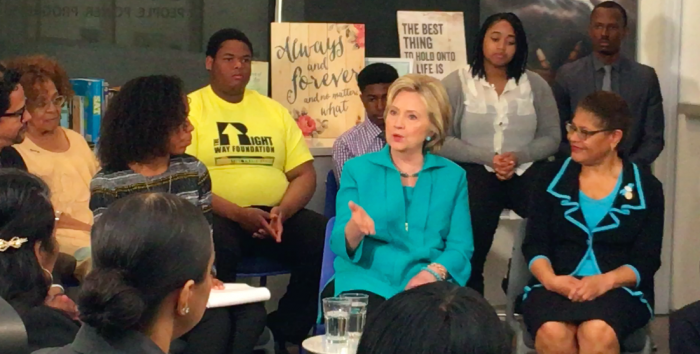 Secretary of State Hillary Clinton, flanked by U.S. Representative Karen Bass, talks to foster care advocates and relative caregivers at the Community Coalition in South L.A. (Photo Credit: Charlene Muhammad)