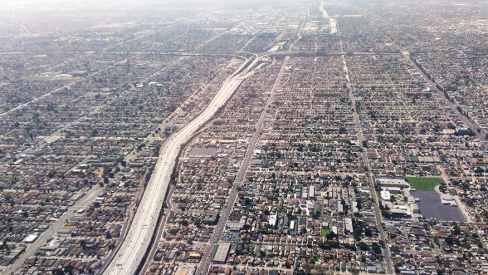 Aerial shot of the 110 and the 105 freeways in South L.A.