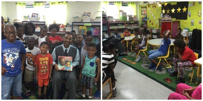 Danny J. Bakewell, Jr. Executive Editor of The Los Angeles Sentinel spends time with the students at Marcus Garvey School reading to the students and engaging in conversation with them about the importance of reading, doing their best in school and giving back to the community.