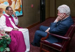 Church of God in Christ, Inc. Presiding Bishop Charles E. Blake, pastor of West Angeles COGIC, meets with former President William "Bill" Clinton prior to the June 5 worship service.