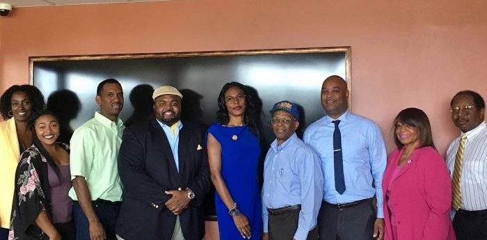 President-elect Camille Mayo, (in blue dress) and Vice President-elect Douglas Robinson, (in blue blazer) are flanked by Corresponding Secretary and Public Relations Coordinator-elect Zale Johnson (in green shirt), Parliamentarian Ayanna Spivey (in flowered blouse), Recording Secretary Keisha Martin (in yellow blazer), Financial Secretary-elect Willie Patterson (in Southern University hat), Social Media Coordinator-elect Alex Wade (in blue tie), Chaplain-elect Lois C. Hale (in pink suit) and Historian-elect Ronald Samuel (in gold tie).  Alice B. Grigsby, Treasurer-elect, is not pictured. 