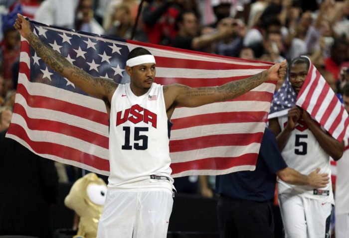 Carmelo Anthony and Kevin Durant of the United States celebrate after the men’s gold medal basketball game at the 2012 Summer Olympics. (AP/Charles Krupa, File)