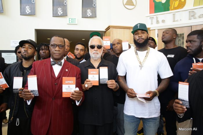 (L-R) Rap artist Problem;, Minister Tony Muhammad, Danny Bakewell, Sr., radio host Big Boy and rap artist The Game (photo by Malcolm Ali) 