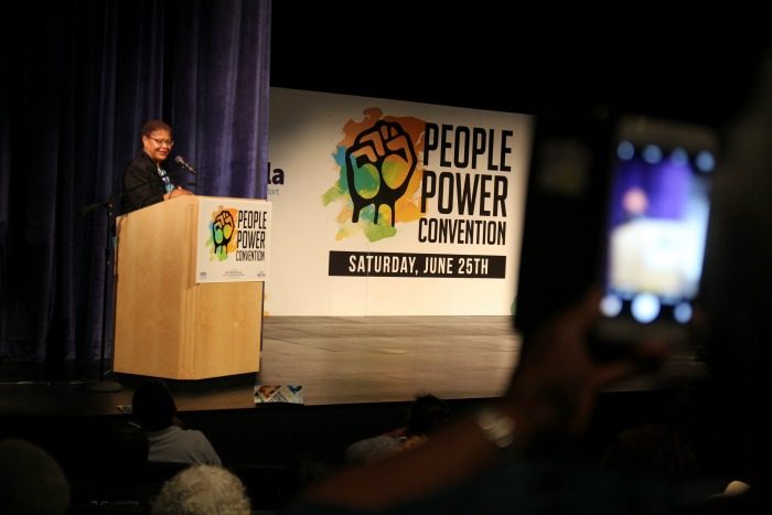 Congresswoman Karen Bass addresses the crowd as the keynote speaker