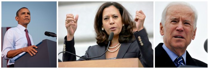 President Barack Obama, Attorney General Kamala Harris and Vice President Joe Biden. AP Photo)