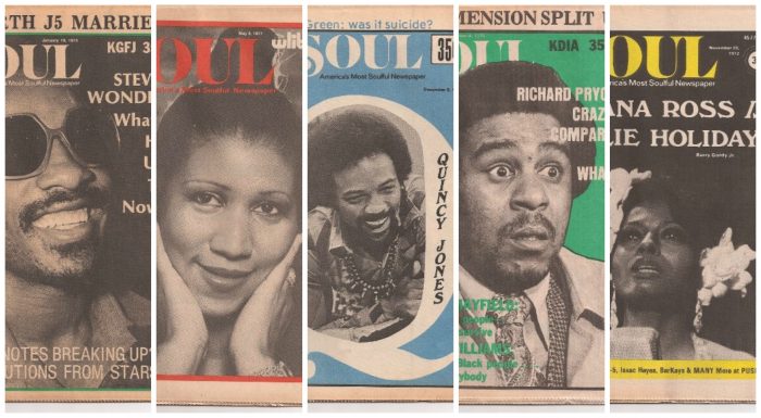 Pictures of past Soul magazine covers from left-to-right: Stevie Wonder, Aretha Franklin, Quincy Jones, Richard Pryor, and Diana Ross (courtesy of Soul Newspaper)