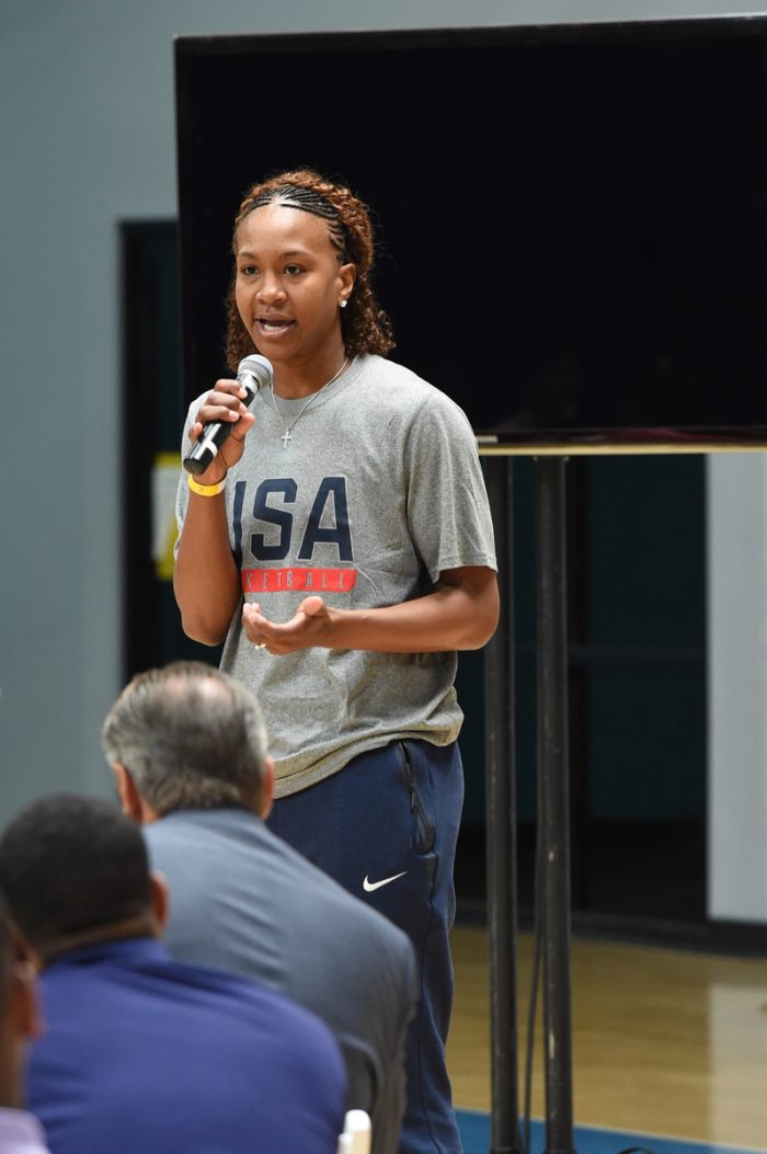 LOS ANGELES, CA - JULY 25: of the USA Basketball National Team during the Leadership Together: A conversation with our sons & daughters at Challengers Boys and Girls Club on July 25, 2016 in Los Angeles, California. NOTE TO USER: User expressly acknowledges and agrees that, by downloading and/or using this Photograph, user is consenting to the terms and conditions of the Getty Images License Agreement. Mandatory Copyright Notice: Copyright 2016 NBAE (Photo by Andrew D. Bernstein/NBAE via Getty Images)