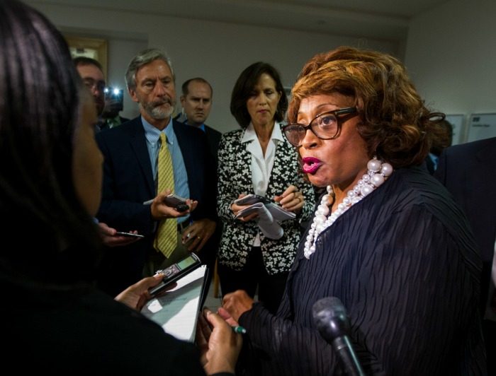 In this Aug. 13, 2015 file photo, Rep. Corrine Brown, D-Fla. talks with the press in Tallahassee, Fla. Brown has been indicted after a federal investigation into a fraudulent charity with ties to the congresswoman. (AP Photo/Mark Wallheiser, File)