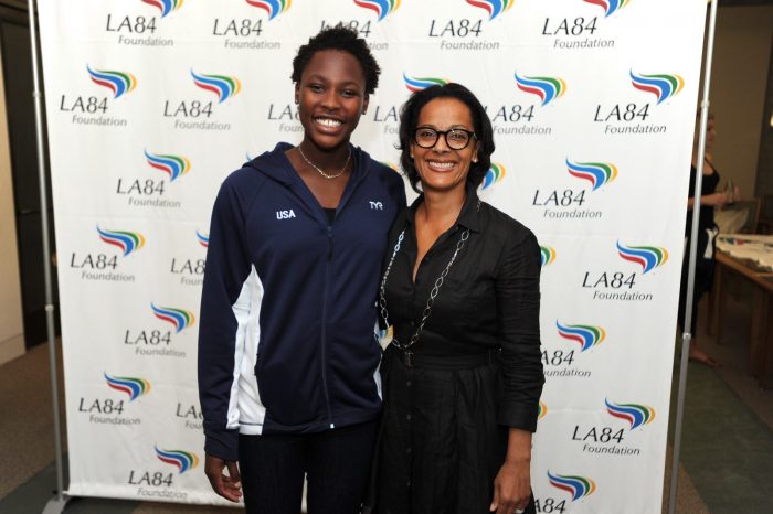 Simril with Ashleigh Johnson, Team USA goalie and the first African American woman to play for USA Water Polo. (Jon SooHoo/LA84)