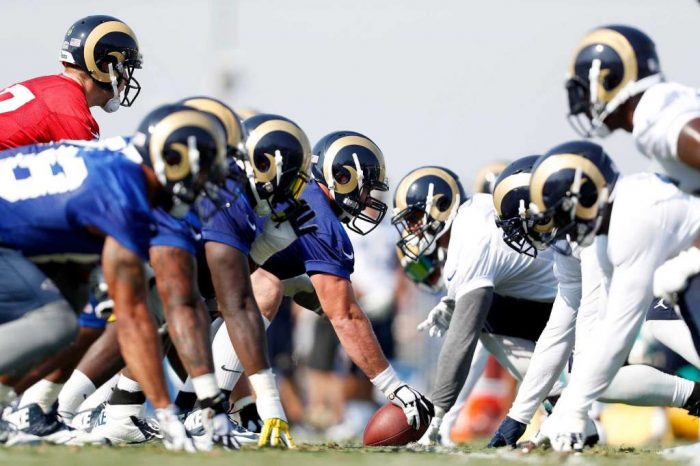 The St. Louis Rams line up before a play during the NFL football team's training camp, Saturday, July 30, 2016, in Irvine, Calif. (Ryan Kang, AP)