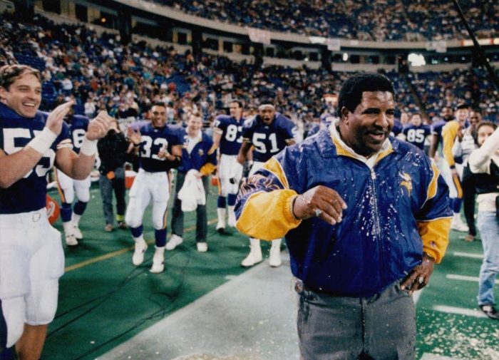 In this Dec. 28, 1992 photo, Minnesota Vikings coach Dennis Green reacts after being doused after a 27-7 win over the Green Bay Packers at the Metrodome in Minneapolis. Green, a trailblazing coach who led a Vikings renaissance in the 1990s and also coached the Arizona Cardinals, has died. He was 67. Green's family posted a message on the Cardinals website on Friday, July 22, 2016, announcing the death. Brian Peterson | Star Tribune via AP 