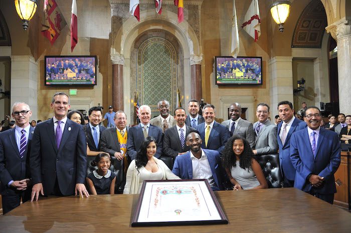 Retired L.A. Laker Kobe Bryant is joined by the Los Angeles City Council and his family August 24, to celebrate what will now be known as Kobe Bryant day in the city.  PHOTO BY VALERIE GOODLOE