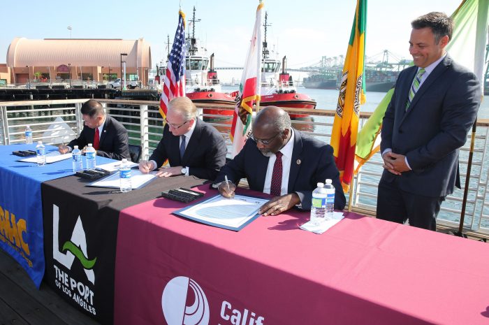 Partners sign the Memorandum of Understanding, providing for a global logistics curricula at both the CSUDH and L.A. Harbor College campuses. (courtesy photo)