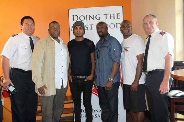 (L-R) Anthony Begonia, Director Entertainment Salvation Army, Kashif, singer/songwriter/producer, Joshua Ledet,singer, American Idol finalist, Ro Brooks - actor, Tyler Perry's "The Haves and the Have Nots", Norwood J. Clark, CEO/President of Uncle Darrow’s Inc. & ReUnite America and Lt. Col Kyle Smith. Photo credit: Donna Dymally Photography