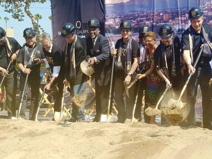 On Aug. 23, the Los Angeles Football Club (LAFC) along with Councilman Curren D. Price, Jr. and Congressmember Karen Bass (CA-37) broke ground on a world-class, 22,000-seat stadium at Exposition Park set to open in time for the 2018 Major League Soccer season. The economic development project also includes a sports museum, shops and restaurants. (Courtesy Photo)