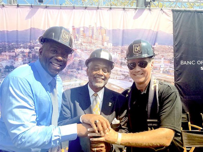     (L-R) LAFC co-owner Magic Johnson, Councilman Curren Price. Jr. and LAFC co-owner Will Ferrell (Courtesy Photo)