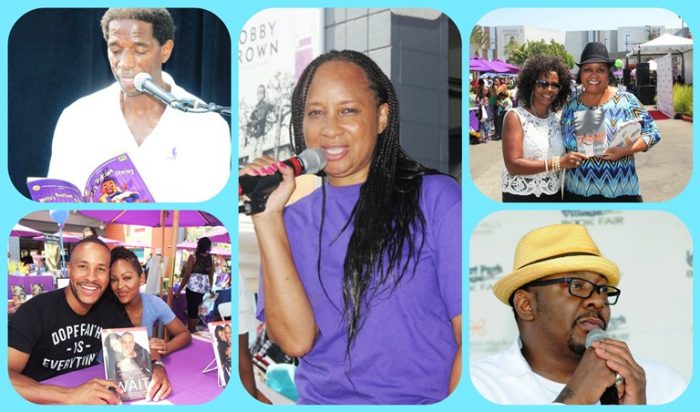 (Top, Left):Former NBA Laker A.C. reads from the children’s book, “Metta’s Bedtime Stories” by NBA Laker Metta World Peace at the 10th annual Leimert Park Village Book Fair on August 20. ; (Bottom, Left): Actress Meagan Good and her producer husband, Devon Franklin, are all smiles, signing books and sharing bits of their courtship and love affair from their best-selling book, “The Wait”; (Center): Founder and executive director Cynthia Exum kicked off the Book Fair, thanking book lovers for supporting the event; (Top, Right): Novelist and screenwriter Zane with actress Vanessa Bell Calloway; (Bottom, Right): Recording artist and author Bobby Brown. All Photos by Malcom Ali/ Photo Collage by Brian W. Carter