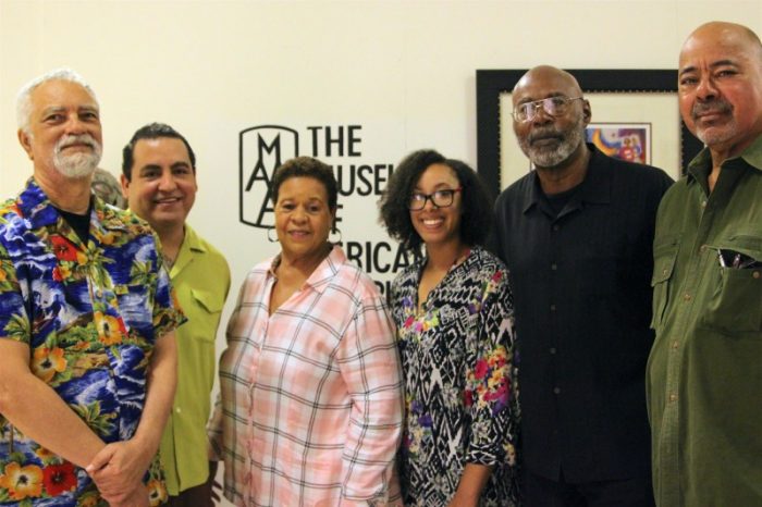 (L-to-R) Playwrights Kurt Dana Maxey and Oscar Arguello, President of the Museum Of African American Art, Berlinda Fontenot-Jamerson; Playwrights Julie Taiwo Oni and Melvin Ishmael Johnson; Co-Founder and Producing Artistic Director of the Robey Theatre, Ben Guillory. (LA Sentinel/ Zon D’Amour) 