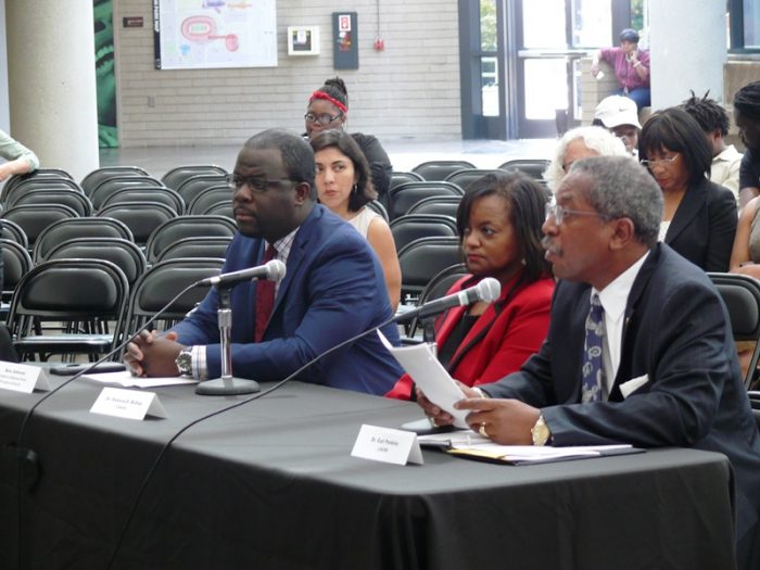 (Left-to-Right) Panel 1: Alex Johnson (Children’s Defense Fund-Freedom Schools, Dr. Ramona E. Bishop (CAAASA) and Dr. Earl Perkins (LAUSD) presented issues to the Assembly Select Committee. Photos by Brian W. Carter