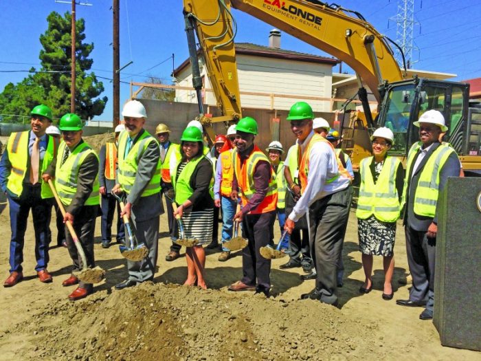  From left, LADWP Senior Assistant General Manager Marty Adams, LADWP General Manager David H. Wright, 99th Street Elementary Assistant Principal Marissa Borden, Councilmember Marqueece Harris-Dawson and Board of Water and Power Vice-Chair William Funderburk participate in the groundbreaking ceremony on September 8 for a drinking water treatment facility in South LA. (LADWP photo)