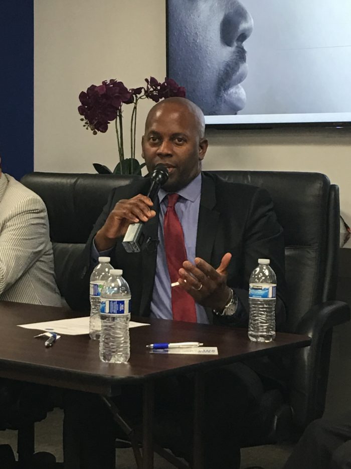 Dr. Brian Williams, University of Texas Southwestern Medical Center and Parkland Memorial Hospital trauma surgeon responds to L.A. Sentinel question during LACMA's forum, "African American Physicians - The Searing Journey"