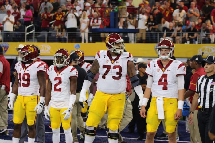 USC Captains - L to R: LB Michael Hutchings, CB Adoree' Jackson, OT Zach Banner, and QB Max Browne.   Photo:  Gregory Redding