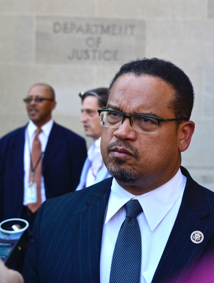 Rep. Keith Ellison (D-Minnesota) speaks to reporters after a news conference Sept. 22 outside the Justice Department in Northwest D.C. Ellison and members of the Congressional Black Caucus held a news conference there for Attorney General Loretta Lynch to investigate the killings of unarmed Blacks by law enforcement. (Travis Riddick/Washington Informer)