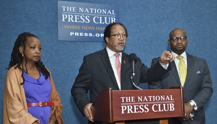  Dr. Benjamin F. Chavis, Jr. (center), president and CEO of the NNPA, speaks during a press conference on police brutality and police misconduct in the Black community joined by Denise Rolark Barnes (left), the chairwoman of the NNPA and publisher of The Washington Informer, Bernal E. Smith II, a member of the NNPA Board of Directors and publisher of The New Tri-State Defender. (Freddie Allen/AMG/NNPA) 