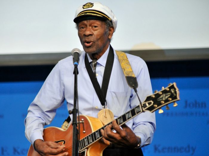  In this Feb. 26, 2012 file photo, rock 'n' roll legend Chuck Berry performs "Johnny B. Goode" at the John F. Kennedy Presidential Library and Museum in Boston. (AP Photo/Josh Reynolds)