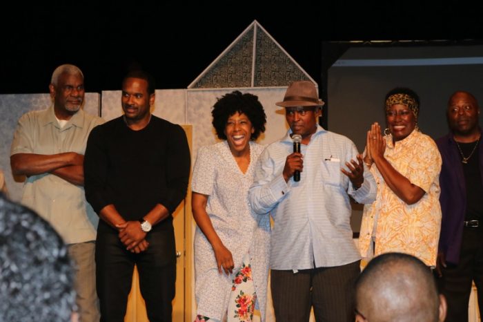 (l-r) Actors Richard Gant, Andre Pitre, Dawnn Lewis, Playwright Kosmond Russell, and actors Carlease Burke and Dannon Green pictured following The Marriage stageplay performance.   (courtesy photo) 