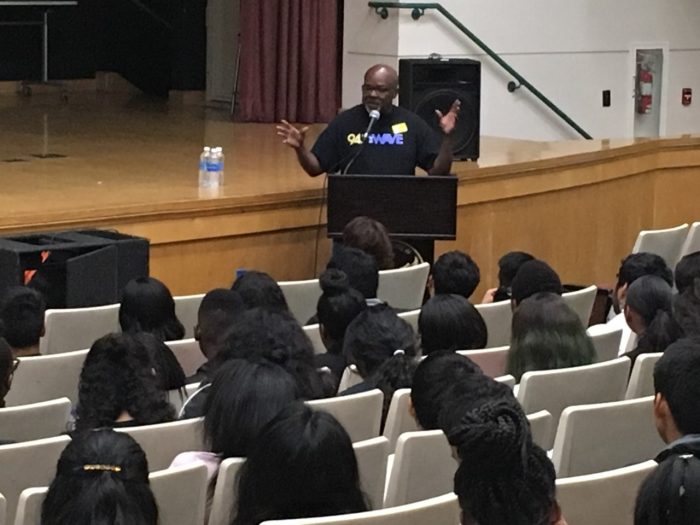  Radio DJ Greg Mack talks to students of King/Drew Magnet High School about his career.  (courtesy photo)