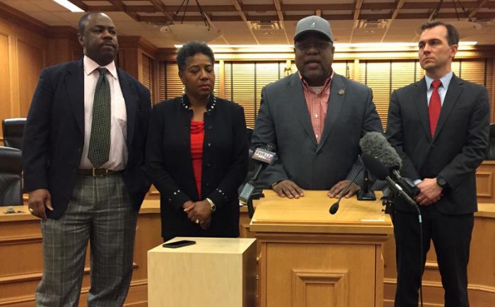 Tennessee state Reps. Joe Towns, Brenda Gilmore, Antonio Parkinson and John Ray Clemmons (left to right) asked the state-run Achievement School District to delay expanding into more struggling schools. (TONY GONZALEZ / WPLN)