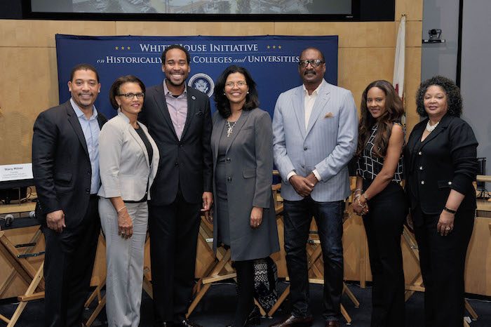 David White, Executive Director SAG-AFTRA; Stacy Milner, founder of the Entertainment Industry College Outreach Program (EICOP); David Johns, Executive Director, White House Initiative on Educational Excellence for African Americans; Mathew Knowles, President & CEO Music World Entertainment; Traci Lynn Blackwell, SVP Current Programming CW TV Network; Phyliss Craig-Taylor, Dean of Law School & Professor North Carolina Central University. (Photo by Valerie Goodloe)