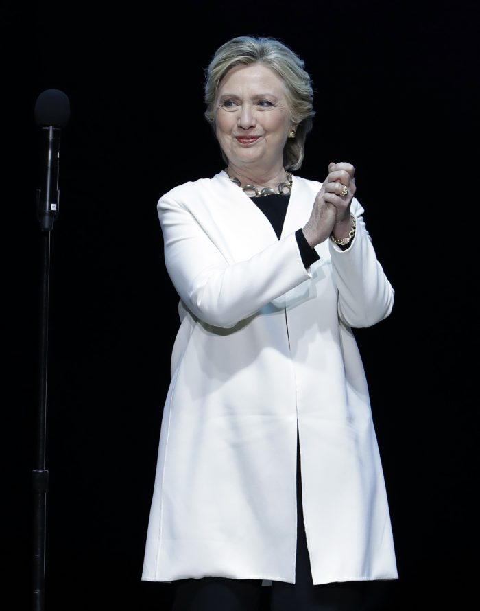 Democratic presidential candidate Hillary Clinton speaks during a concert hosted by Katy Perry, Saturday, Nov. 5, 2016, at the Mann Center for the Performing Arts in Philadelphia. (AP Photo/Julio Cortez)