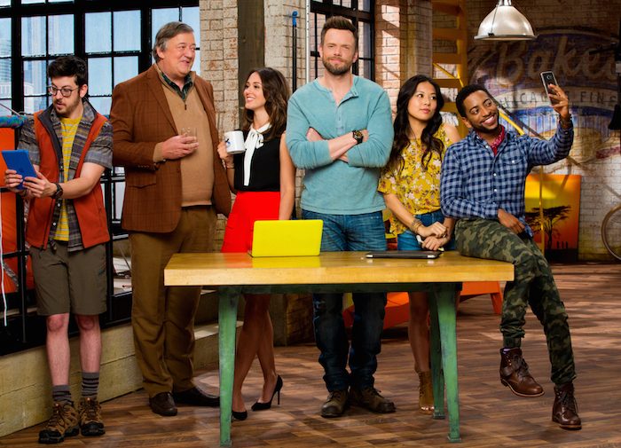 THE GREAT INDOORS stars Joel McHale (center) in a comedy about a renowned adventure reporter for an outdoor magazine who must adapt to the times when he's assigned by the magazine's founder (Stephen Fry, second from left) to be the desk-bound boss to a group of millennials (Christine Ko, second from right; Shaun Brown, far right; and Christopher Mintz-Plasse, far left) in the magazine's digital department. In his new role, Jack reports to Roland's daughter, Brooke (Susannah Fielding, third from left). This fall, THE GREAT INDOORS will be broadcast Thursdays (8:30-9:00 PM, ET/PT) on the CBS Television Network. Photo: Cliff Lipson/CBS ÃÂ©2016 CBS Broadcasting, Inc. All Rights Reserved