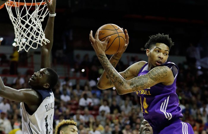 Los Angeles Lakers' Brandon Ingram grabs a rebound over the New Orleans Pelicans during the first half of an NBA summer league basketball game Friday, July 8, 2016, in Las Vegas. PHOTO: ASSOCIATED PRESS/(AP PHOTO/JOHN LOCHER)