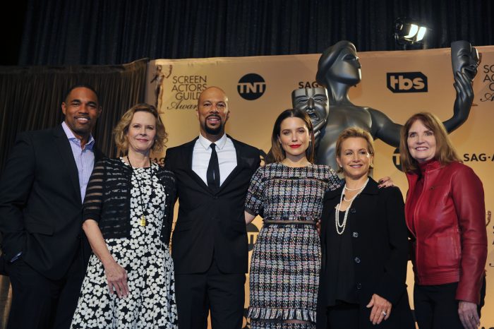 (L-R) Actor and SAG committee member Jason George, SAG Committee Chair JoBeth Williams, recording artist/actor Common, actress Sophia Bush, SAG-AFTRA Executive Vice President Gabrielle Carteris and SAG Executive Producer Kathy Connell at 23rd Annual SAG Awards Nominations held at the Pacific Design Center in West Hollywood, CA. (Photo by Valerie Goodloe) 