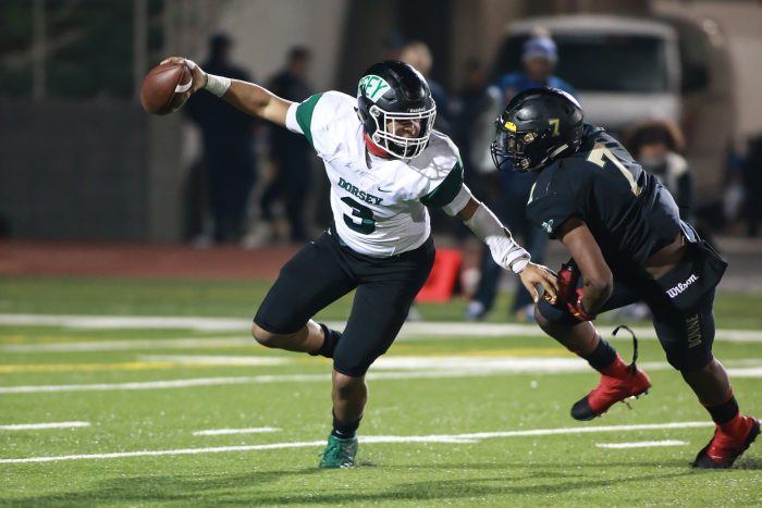 Dorsey quarterback Jerman Gotoy (#3)  (Photo by  Jevone Moore/Full Image 360)