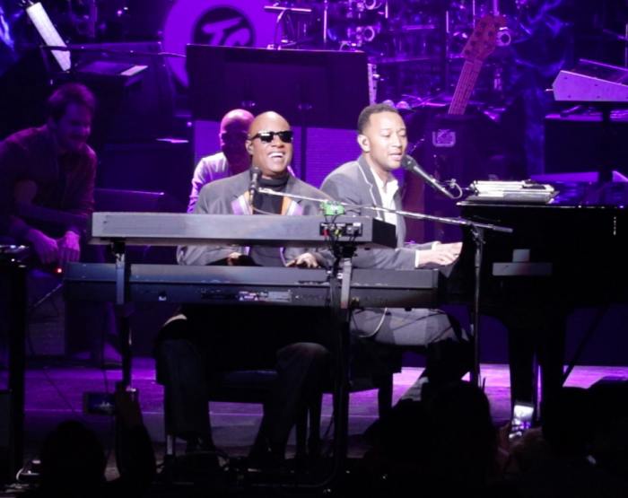 Stevie Wonder and John Legend perform “Ordinary People” at Stevie's 20th Annual House Full of Toys Benefit Concert at Microsoft Theater on Dec. 9, 2016 in Los Angeles. (Brittany K. Jackson photo) 