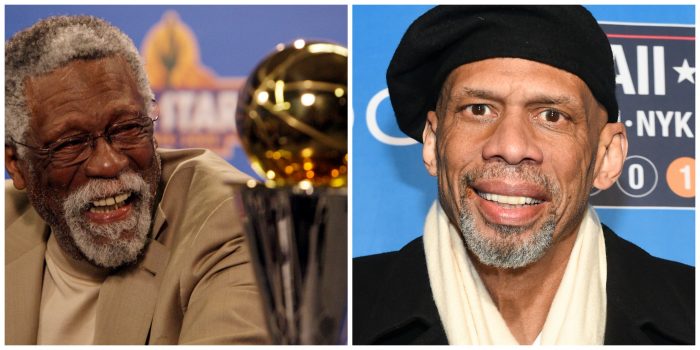  Bill Russell  on left (AP Photo/Ross D. Franklin) Kareem Abdul-Jabbar on right (Photo by Scott Roth/Invision/AP) 