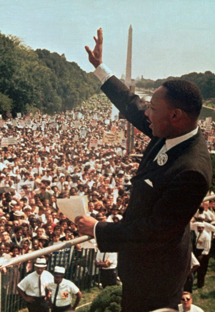  Dr. Martin Luther King Jr. acknowledges the crowd at the Lincoln Memorial for his "I Have a Dream" speech during the March on Washington, D.C. Aug. 28, 1963. Thursday April 4, 1996 will mark the 28th anniversary of his assassination in Memphis, Tenn. The Washington Monument is in background. (AP Photo/File)